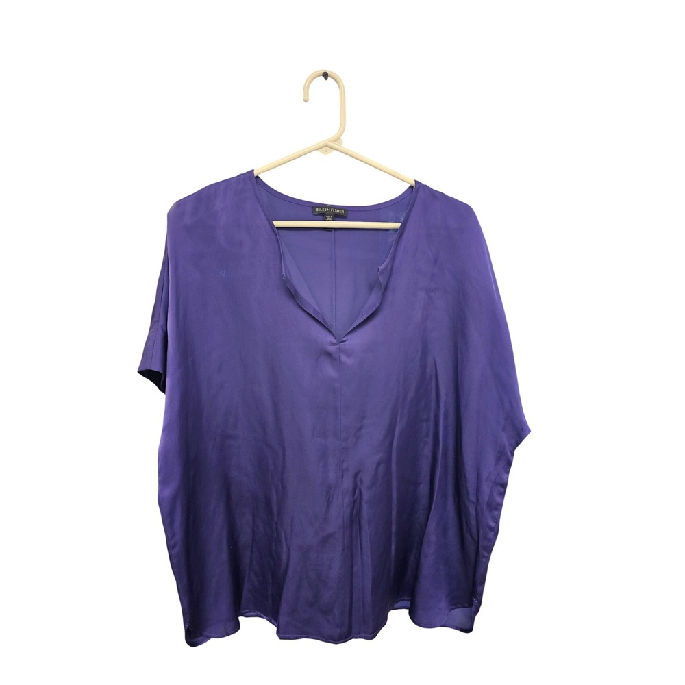 Eileen Fisher Purple Silk Organic Cotton Split Neck Boxy Top M